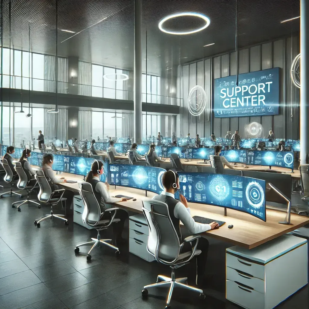 Modern support center with workers at curved monitors, under a 