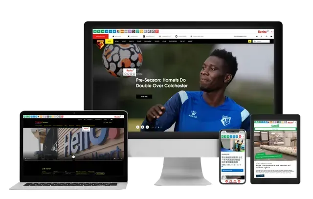 Website on multiple devices, featuring a soccer player, headline: Pre-season: Hornets Do Double Over Colchester.