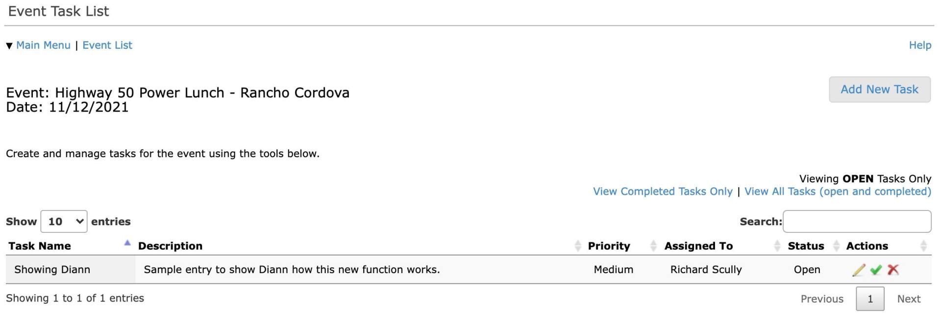 Task list for Highway 26 Power Lunch project. Task details: manage marketing tasks, assigned to Michael Woody, High Priority.
