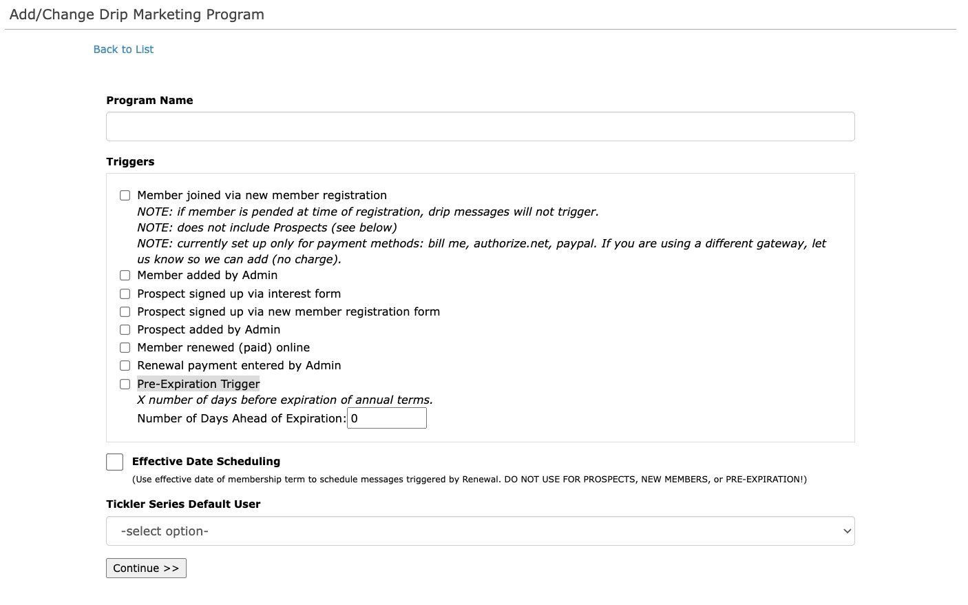 Form: Self-Change Data Tracking Program with program name and checkboxes for various options.