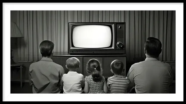 Family watching TV in a living room, retro black and white photo.