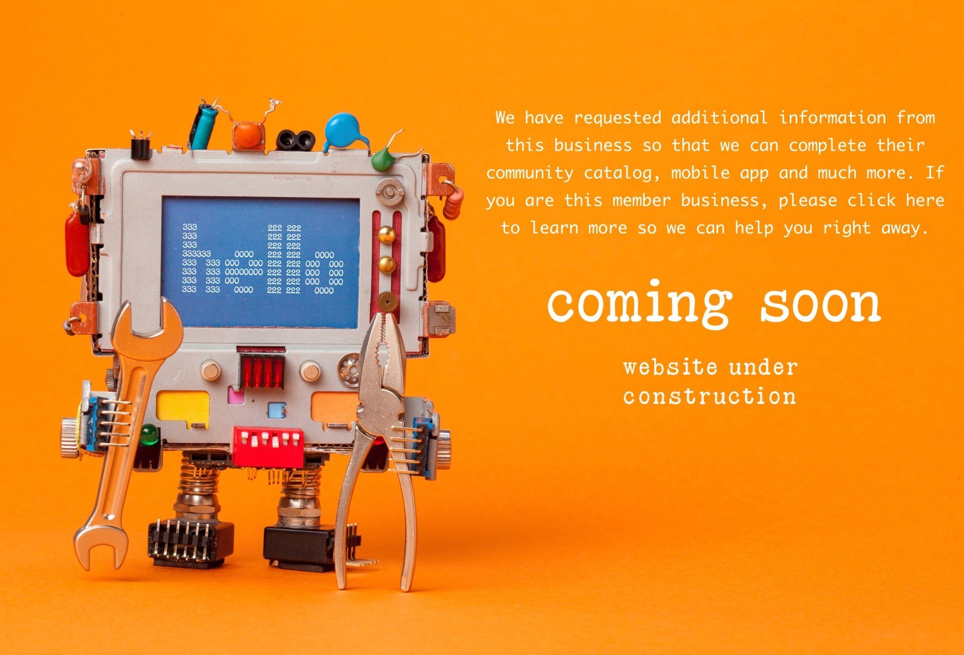 A robot with tools on an orange background, text reads 