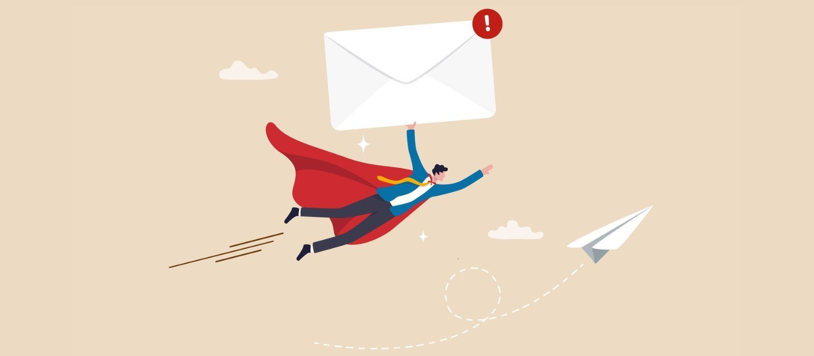 A businessman with a red cape flies while holding an email with a notification, a paper airplane trails behind.