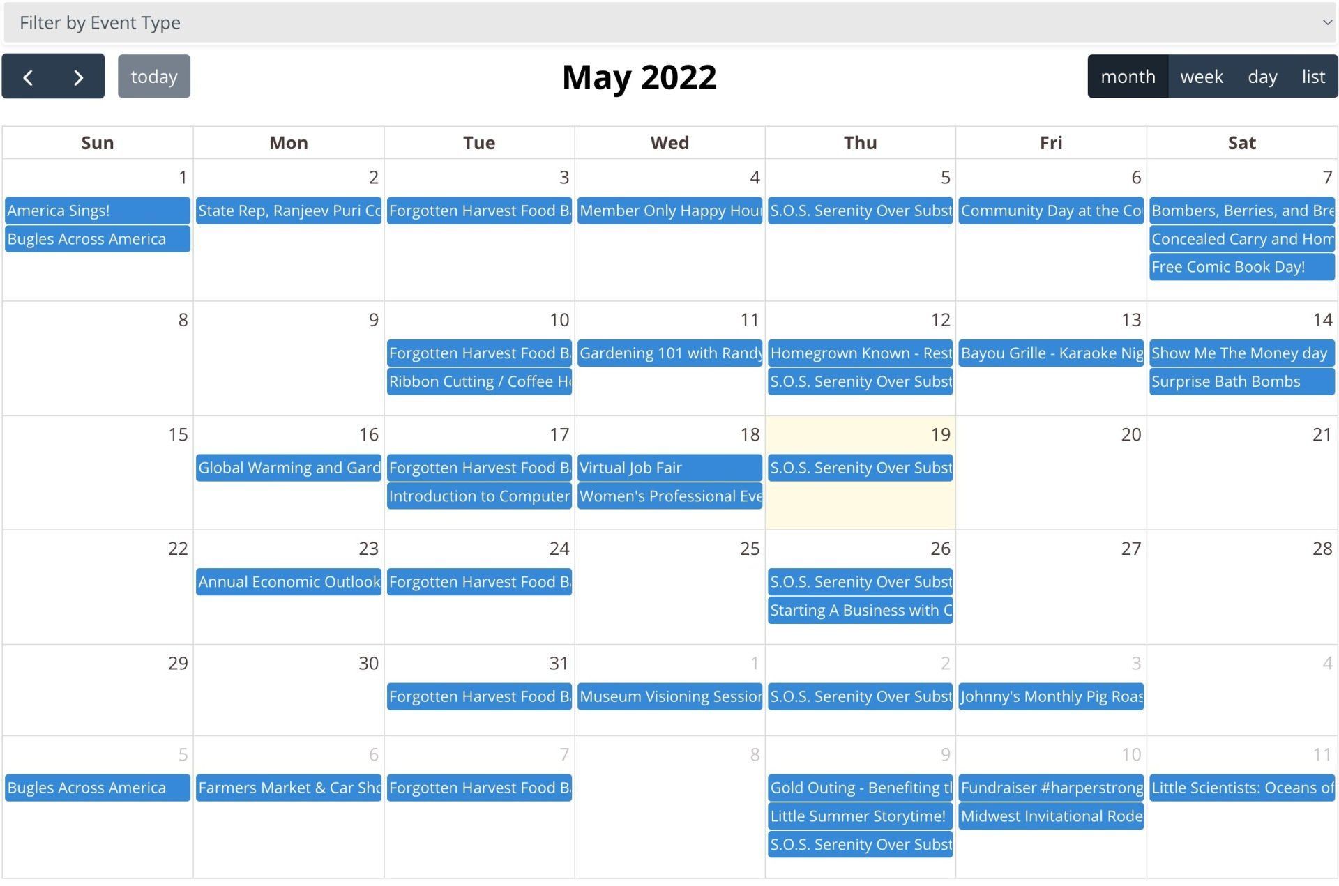 Calendar view of May 2022 with several days highlighted in blue, indicating scheduled events.