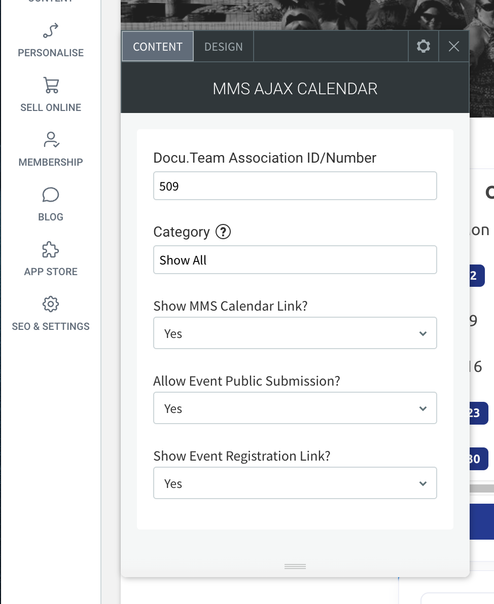 A user interface with settings for a calendar, including category, calendar link, and public submission options.