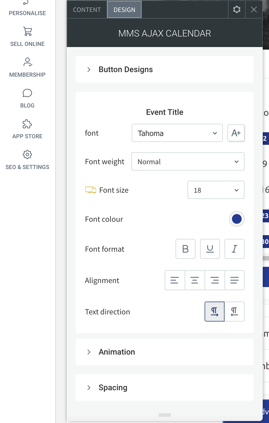 Configuration panel for button designs, showing options for text and formatting.