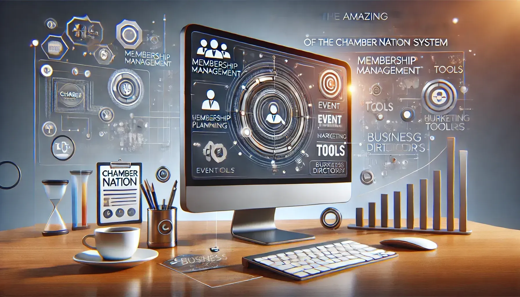 Computer monitor displaying data visualization, desk with tools, charts, and diagrams.