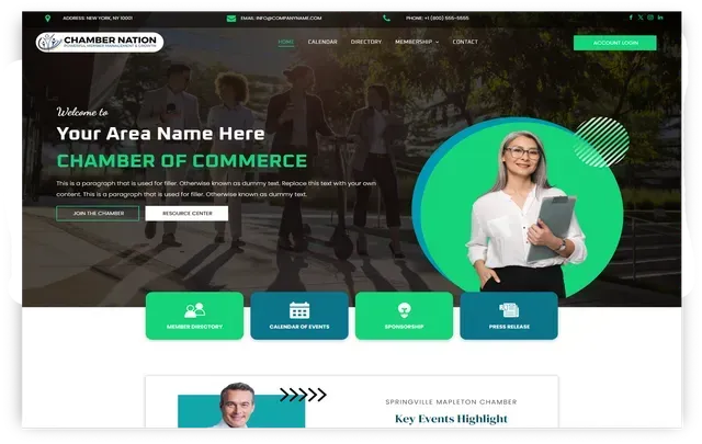 Website homepage: Chamber of Commerce with green and blue accents. Woman in business attire holds a clipboard.