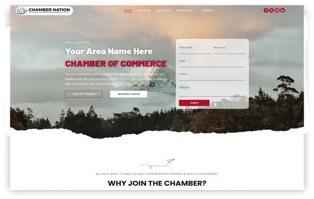Website homepage for Chamber of Commerce with a registration form overlayed on a nature scene.