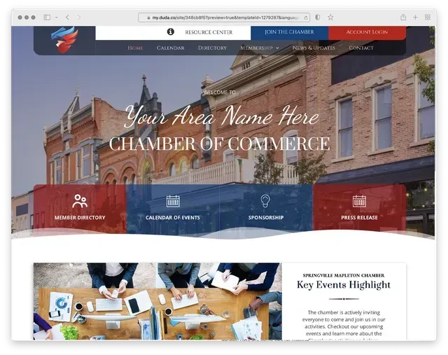 Website homepage for the Chamber of Commerce, featuring a city street photo and navigational menu.