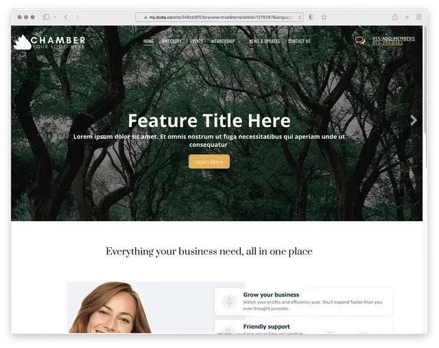 Website homepage with dark green forest background and 