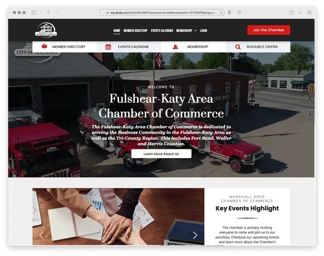 Website homepage for Fulshear-Katy Area Chamber of Commerce, red truck, and text: 