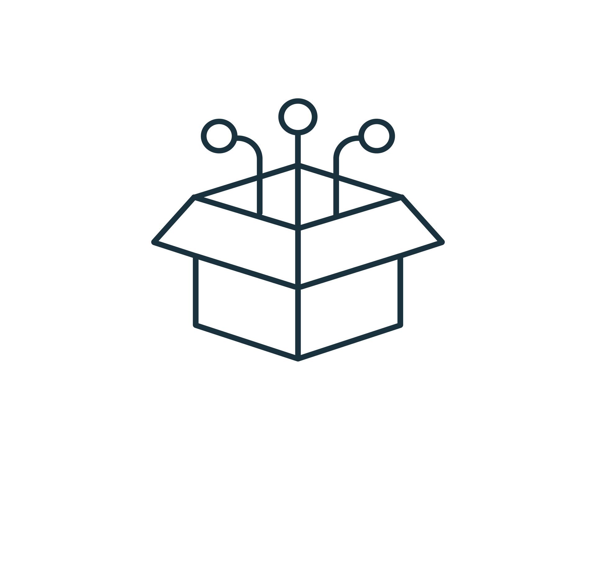 Open box with three connected spheres rising from it.