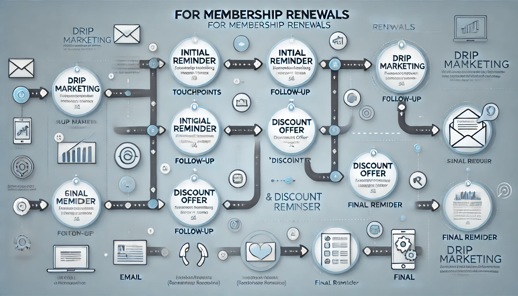 Flowchart for membership renewals, showing steps like reminders, offers, and marketing emails.