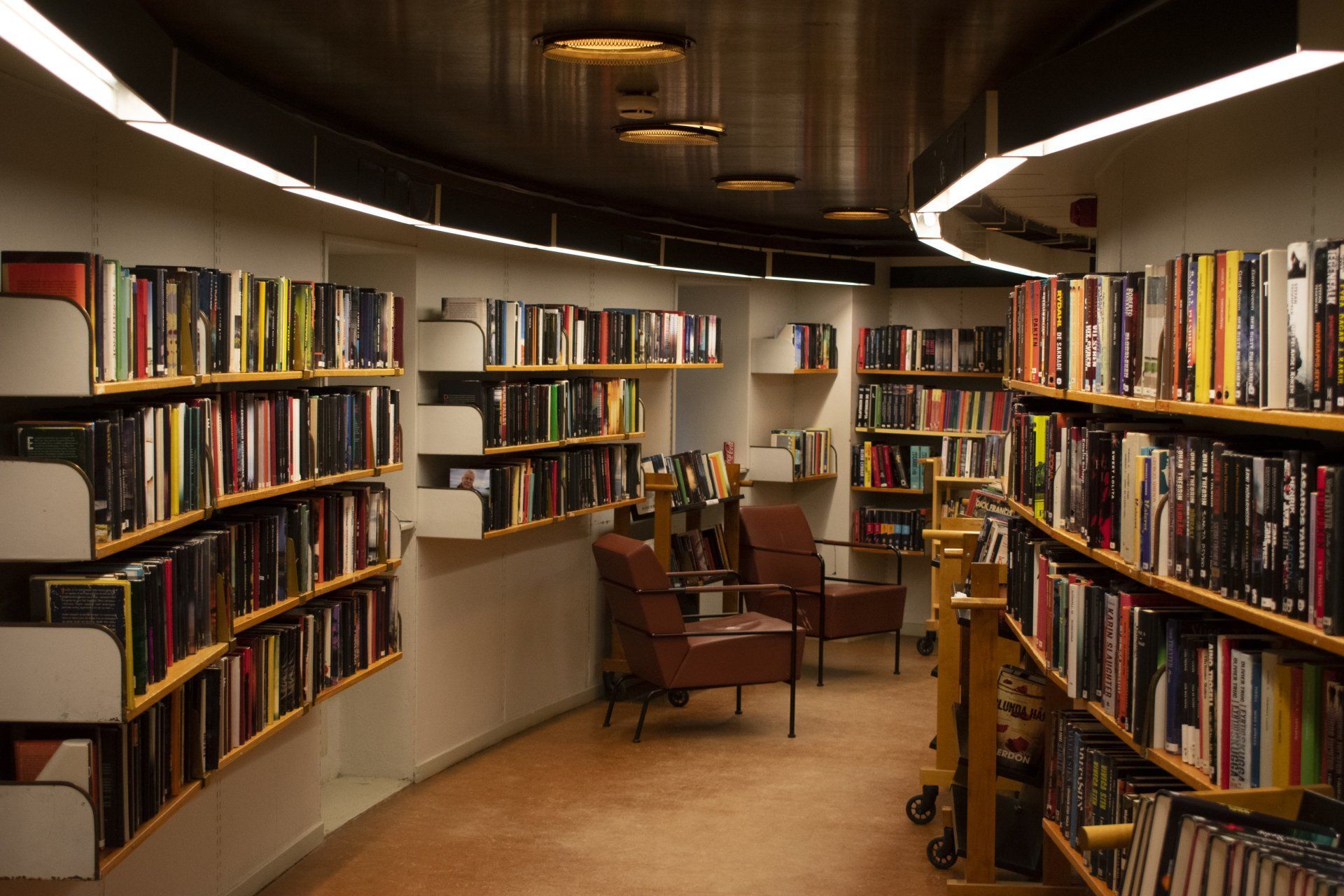Library interior with curved bookshelves filled with books, reading chairs, and ceiling lighting.