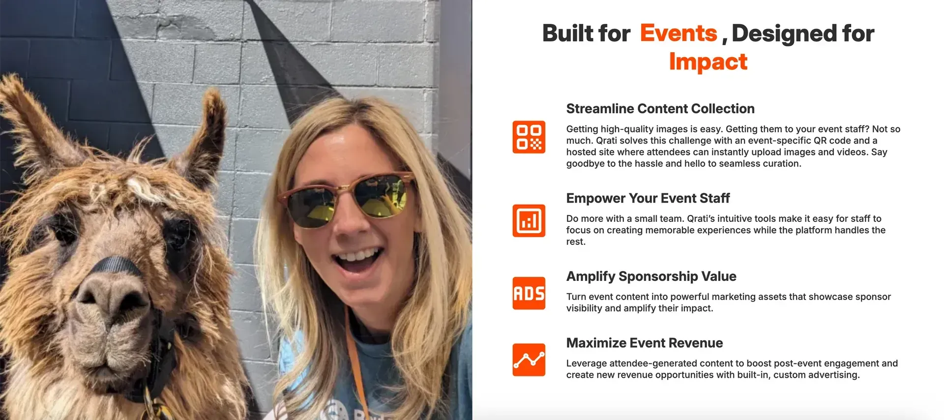 Woman with sunglasses smiles beside a llama in front of a painted wall; orange text on white.