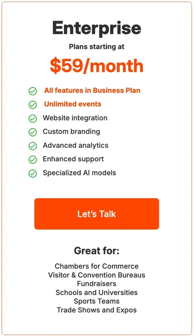 Enterprise plan starting at $59/month with features like website integration and advanced analytics. Includes an orange 