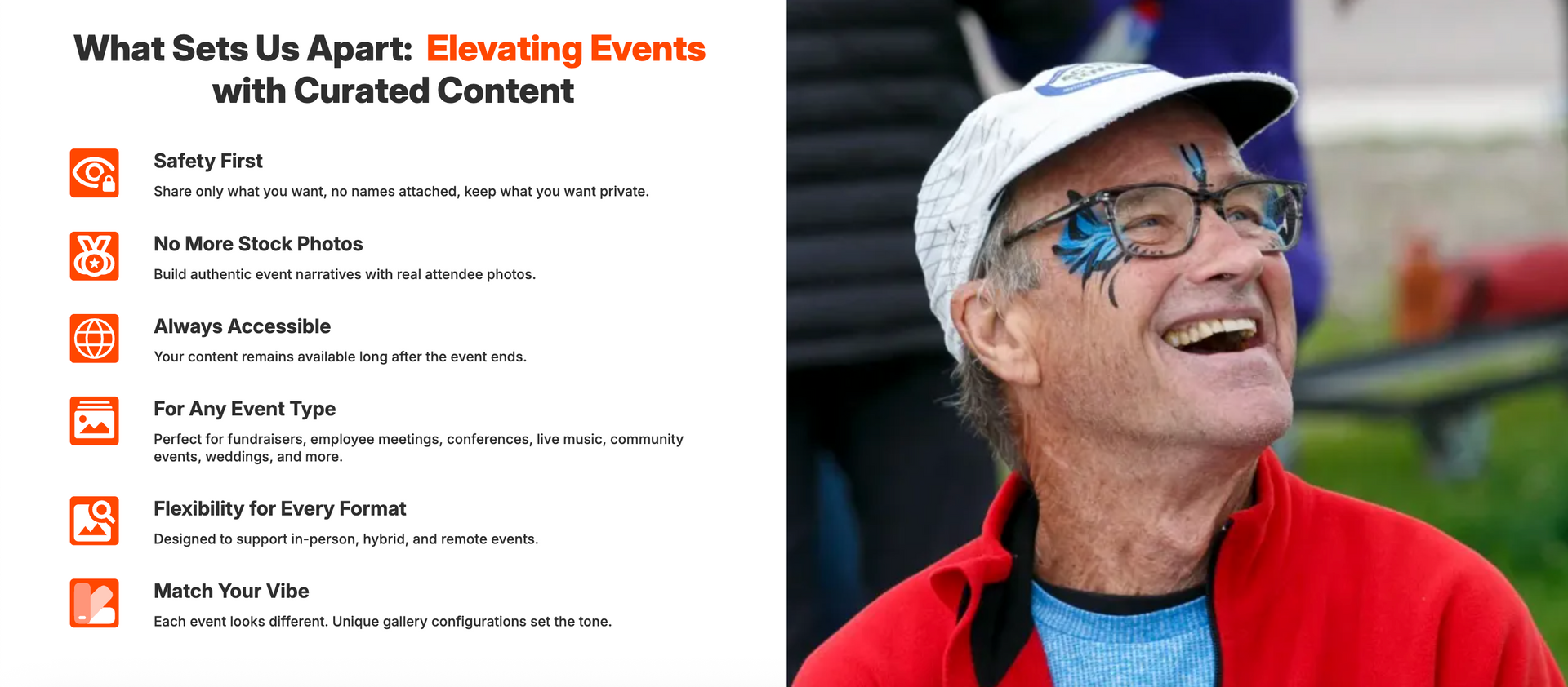Man with painted face smiling, wearing a hat, red jacket, and glasses; text overlay lists event services.