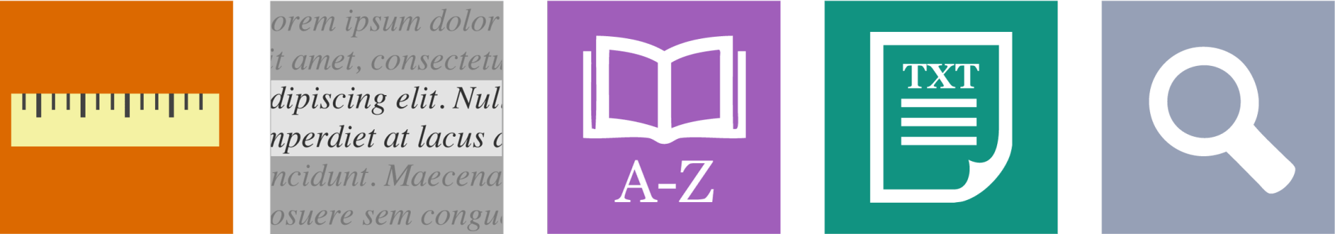 Icons: ruler, text, open book with A-Z, text file, magnifying glass.