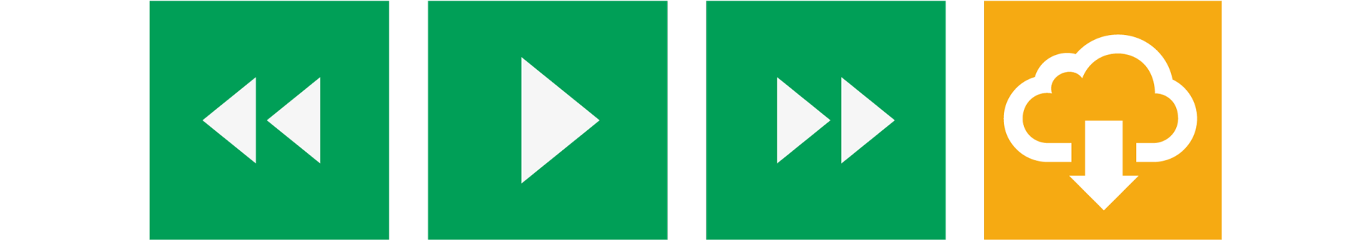 Green and yellow icons: rewind, play, fast forward, and download from the cloud.