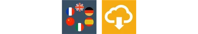 Language options and download icon on a yellow background.