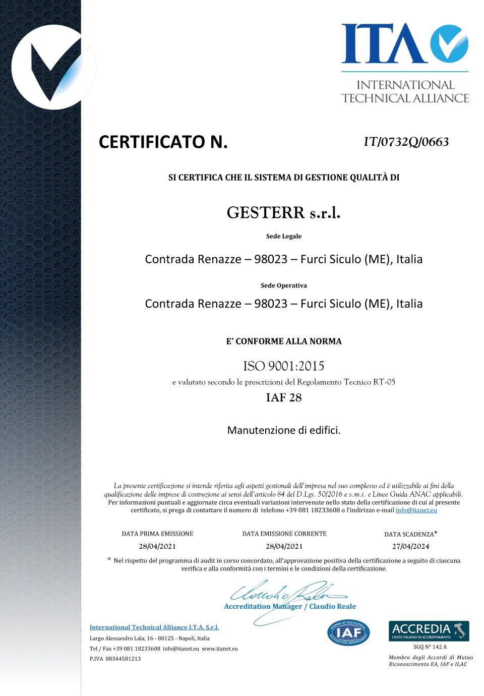 Certificato di qualità Gesterr