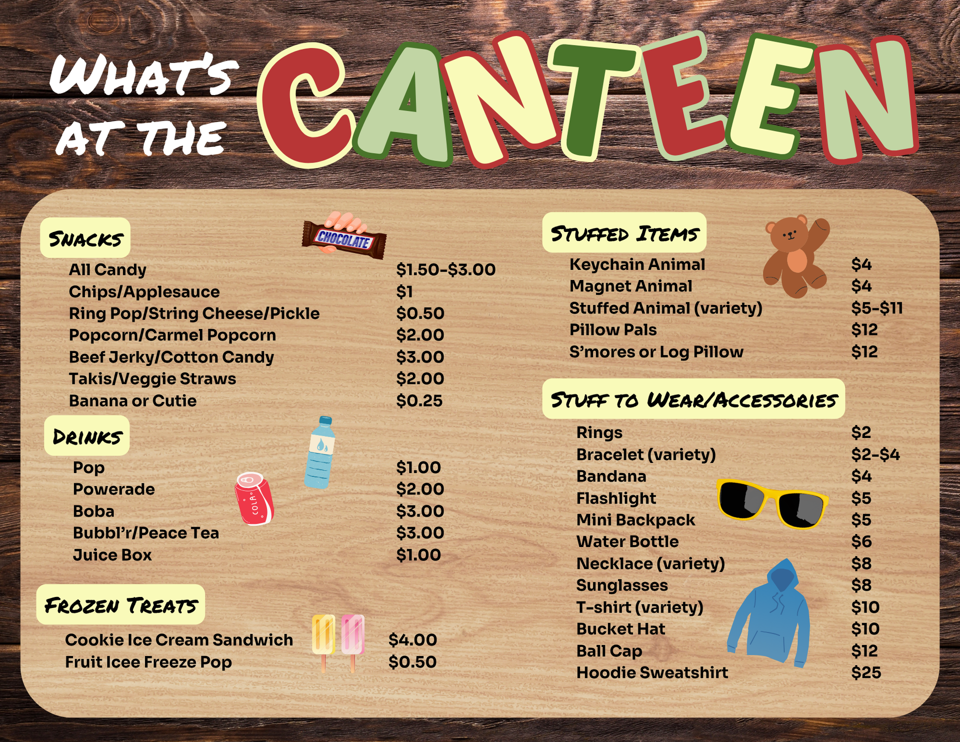 Inspiration Hills Canteen Snack Shop Menu