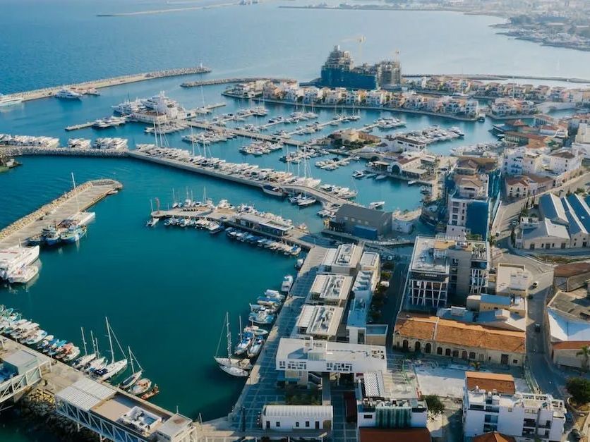 An aerial view of a marina filled with boats and buildings