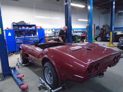 1970 Maroon Corvette Body Polishing — Pipersville, PA — The Vette Shop