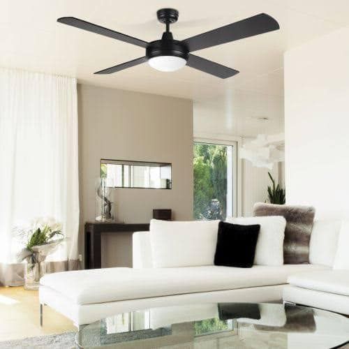 Black Ceiling Fan With Light in a Modern Living Room — Elite Electrical Ballarat in Delacombe, VIC