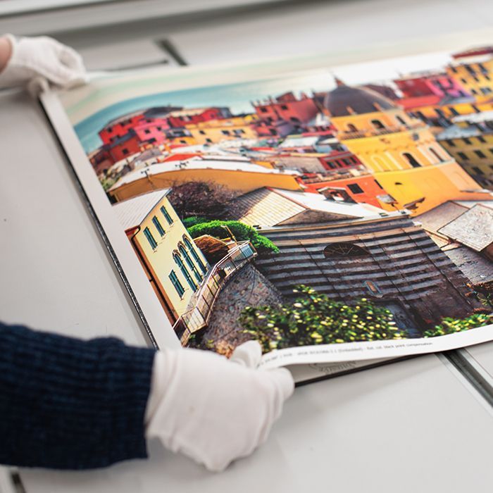 people looking at mounted prints on the wall