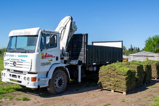 Camión blanco con grúa, cargando paletas de césped en un día soleado.