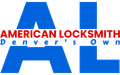 The logo for american locksmith denver 's own is blue and red.