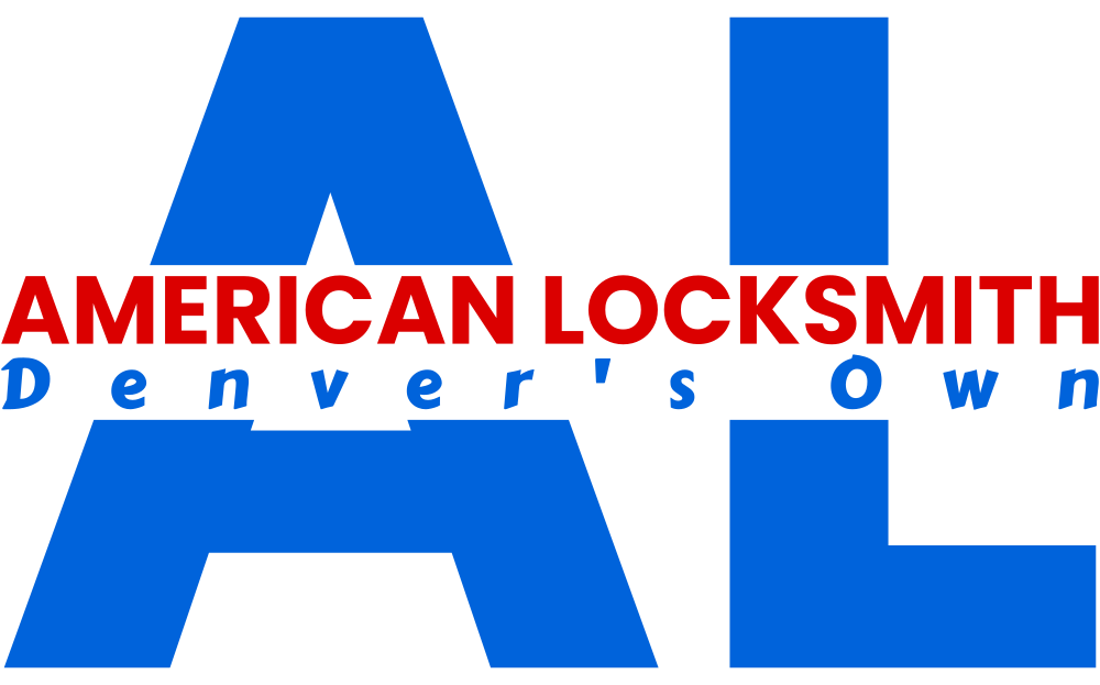 The logo for american locksmith denver 's own is blue and red.