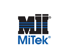 A black and blue logo for mitek on a white background.