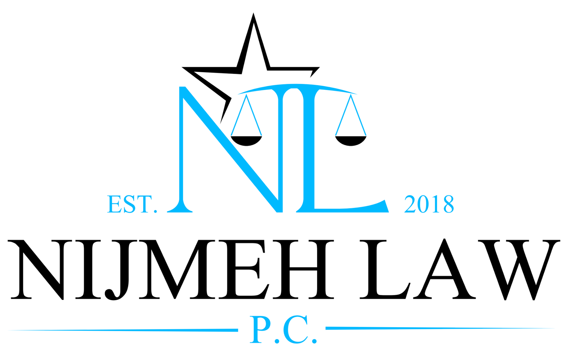 The logo for nijmeh law p.c. has a star and scales of justice on it.