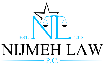 A logo for nijmeh law p.c. with a star and scales of justice.