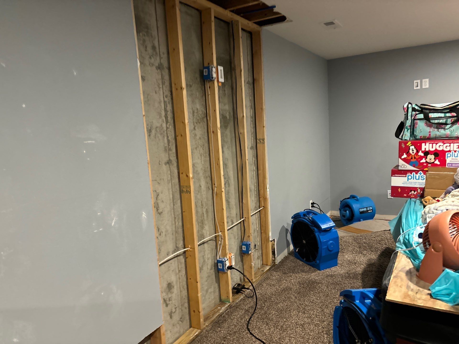 A room with a lot of boxes on the floor and a blue fan on the floor.