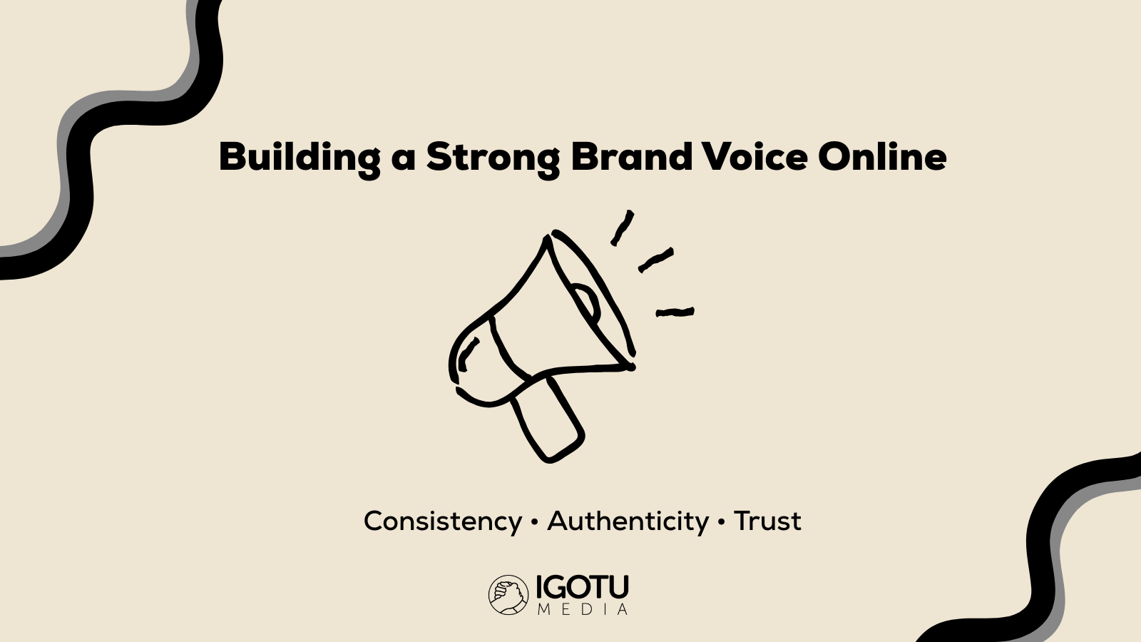 Graphic about building a strong brand voice, featuring a megaphone icon, and text 