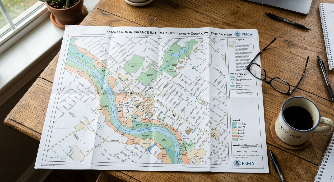 FEMA flood zone map spread on a table next to a Tampa Bay area home insurance policy folder and a pen
