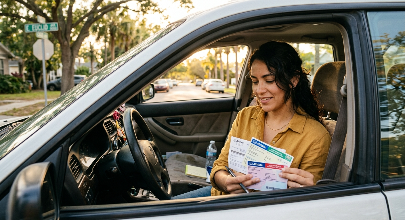 Florida driver reviewing auto insurance documents at a desk near a Tampa Bay area window