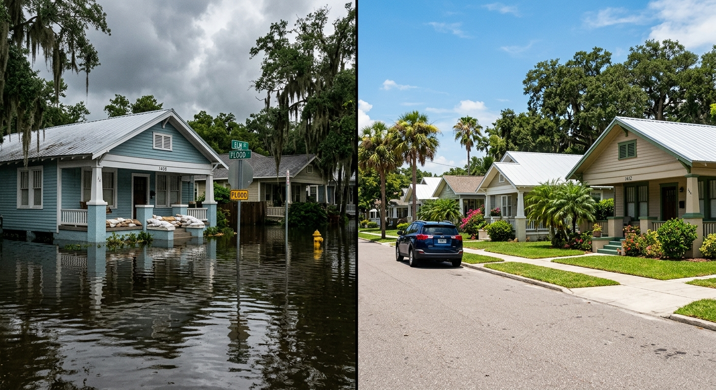 Aerial view of a flooded residential street in a Florida coastal neighborhood with water surrounding single-family homes