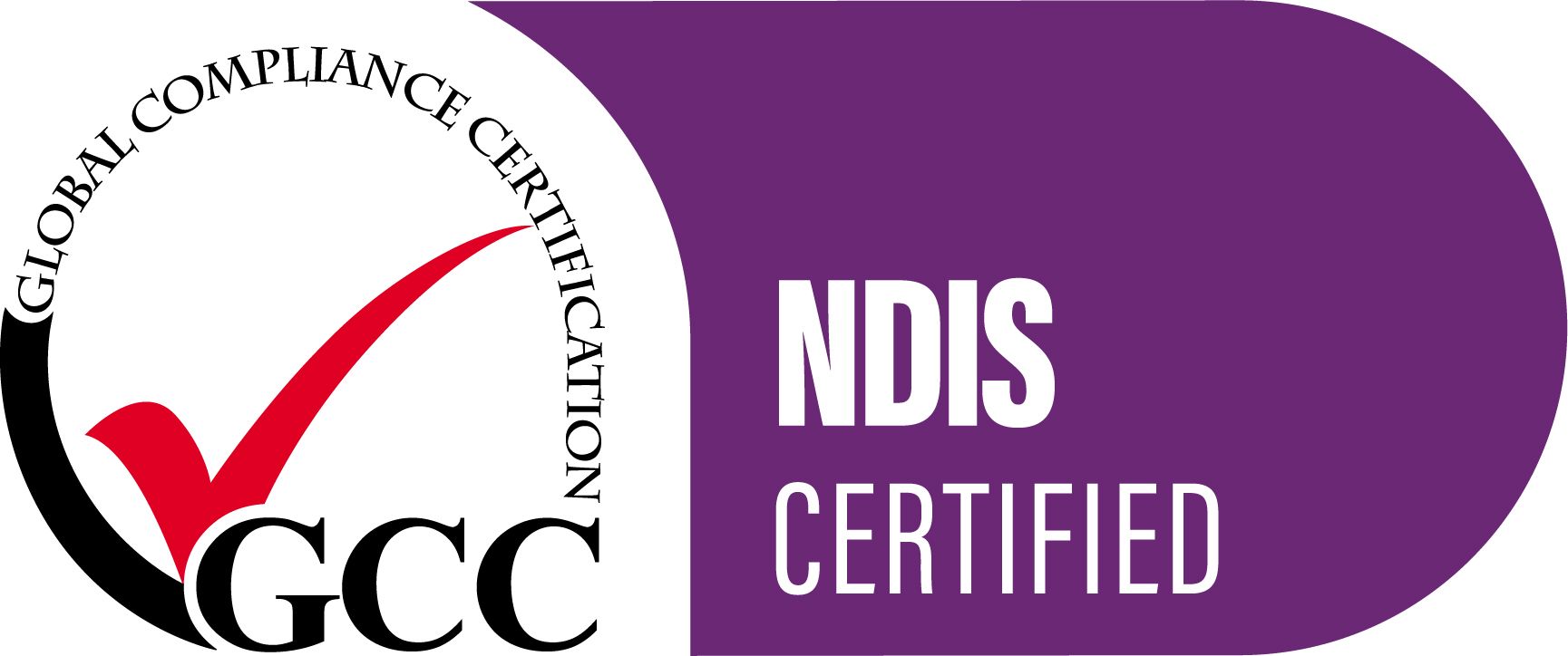 GCC NDIS certified logo. A checkmark graphic and the words “NDIS Certified”. Purple and white color scheme.