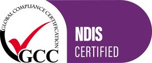 GCC NDIS certified logo. A checkmark graphic and the words “NDIS Certified”. Purple and white color scheme.