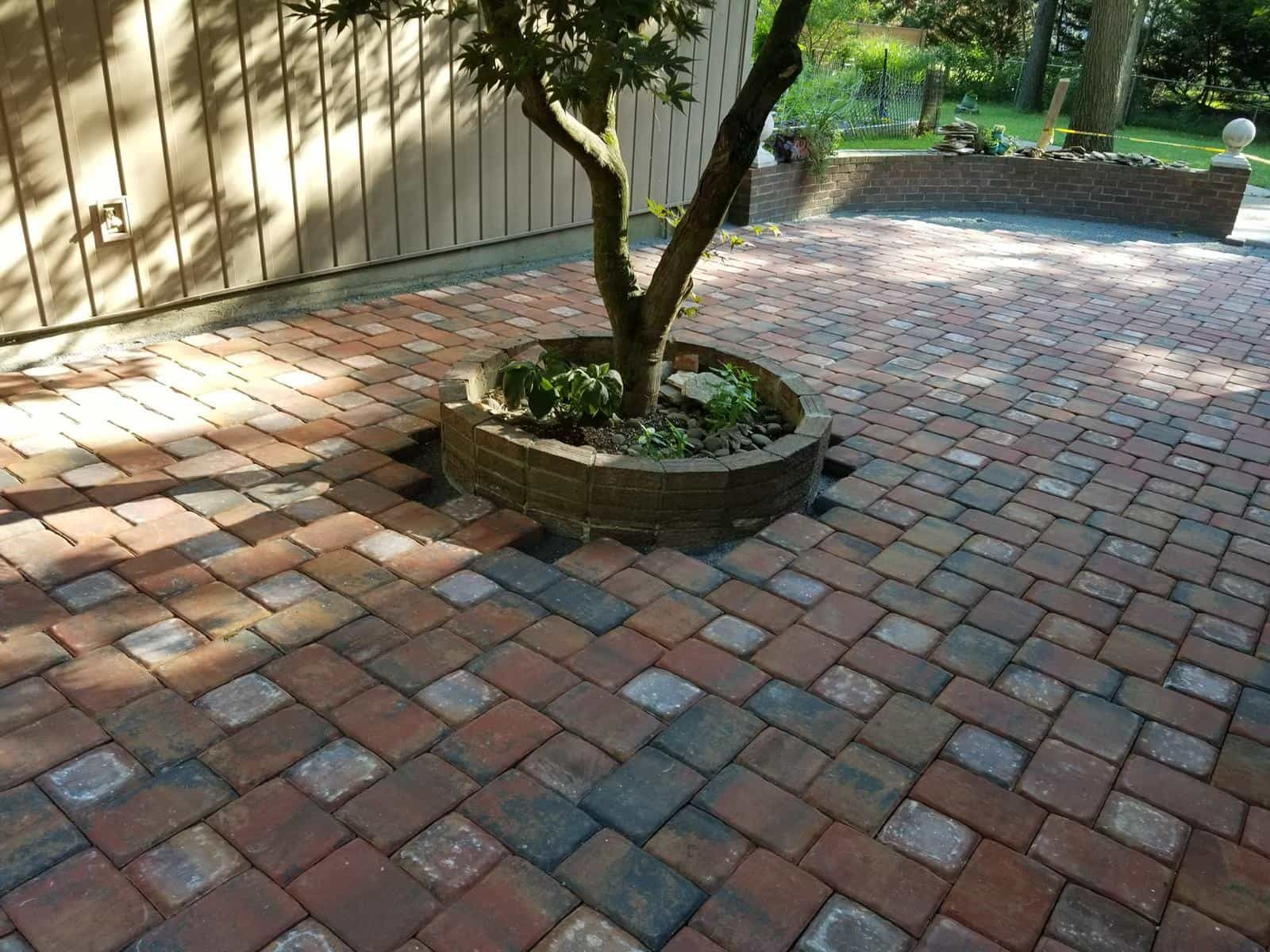 A tree in a pot on a brick patio