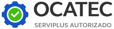 Logotipo de OCATEC con engranaje azul, marca de verificaci&oacute;n verde y texto gris &ldquo;SERVILUS AUTORIZADO&rdquo;