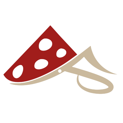 Logo a forma di fungo rosso e beige con pois bianchi su sfondo bianco.
