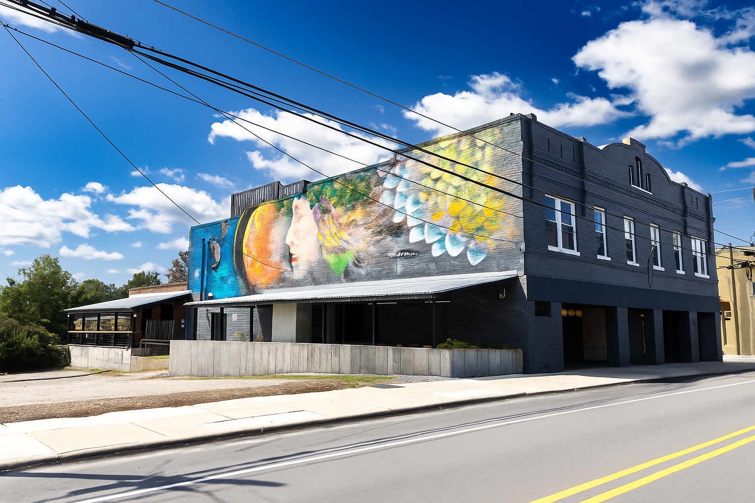 Gray building with large mural, under blue sky with power lines.