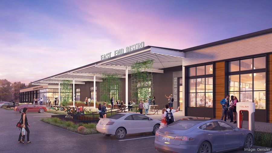East End Market rendering: people at outdoor tables, cars, Tesla charger, retail building with awning.