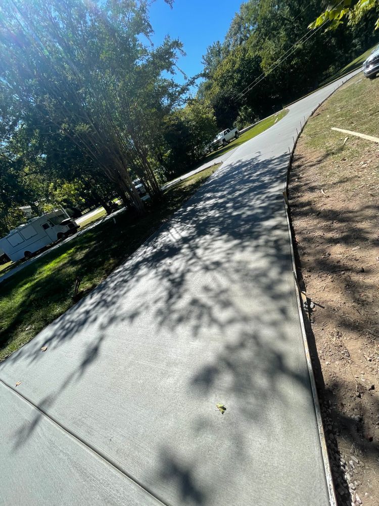 A concrete driveway with trees on the side of it.